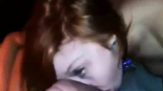 Collared and leashed redhead worships cock and balls